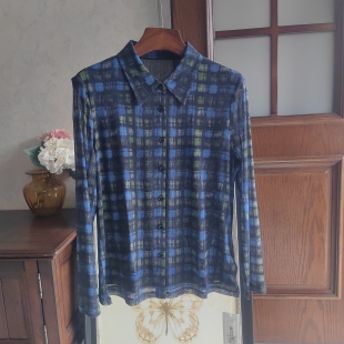 纯真丝桑蚕丝网眼前三后二女士印花翻领长袖 9006 衬衫