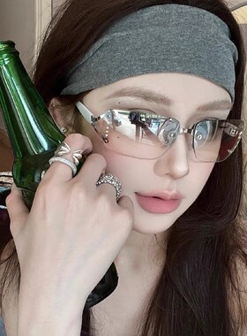 欧美无框钻石纯欲墨镜女复古千禧风辣妹Y2K眼镜时尚方框太阳镜潮