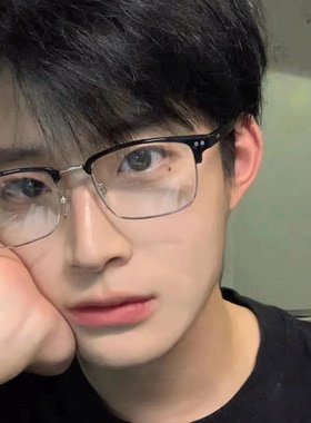 方形黑色半框斯文眼镜框素颜防蓝光配近视度数眼镜商务学生男痞帅