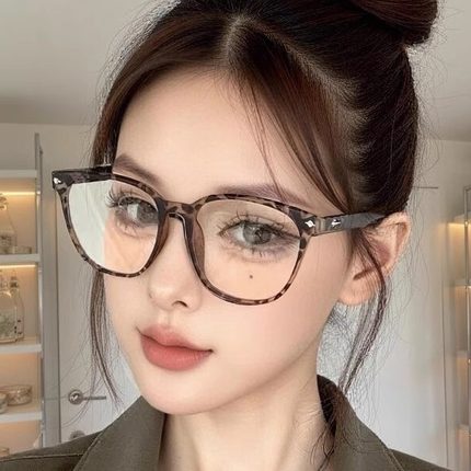 韩版超大框近视眼镜女可配有度数素颜神器显脸小复古豹纹平光镜架