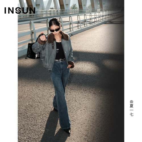 INSUN恩裳冬季老钱风摩登短款牛仔鹅绒羽绒服