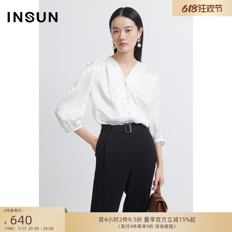 INSUN恩裳夏季时尚印花光泽感简约清冷白真丝衬衫 女装/女士精品 衬衫 原图主图