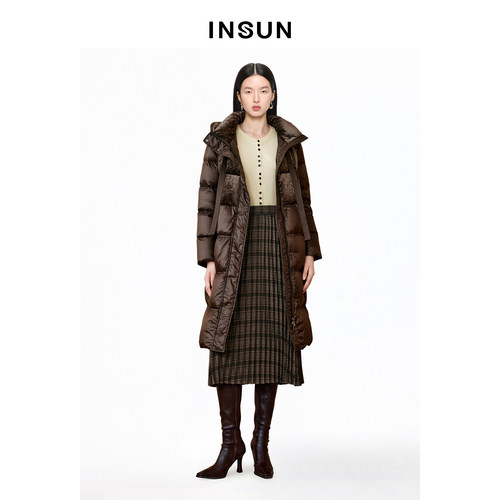 INSUN恩裳专选冬季立领三醋酸拼丝绒光泽感羽绒服