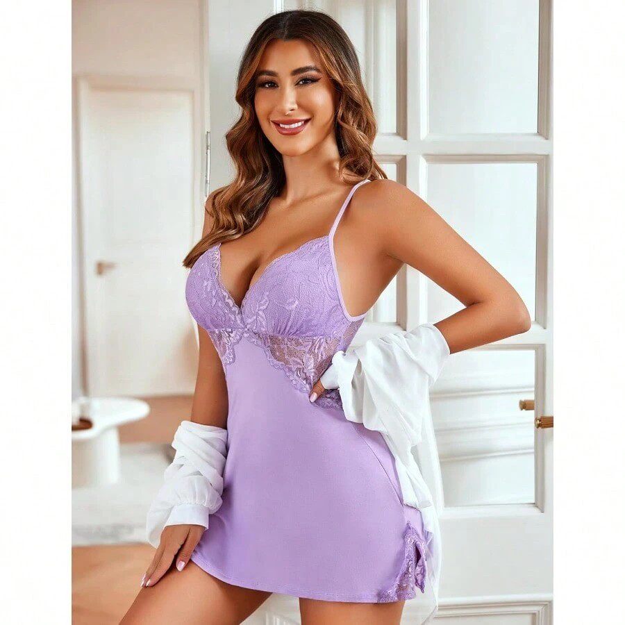 欧美风性感蕾丝拼接透明吊带睡裙女后背交叉绑带镂空情趣紫色内衣