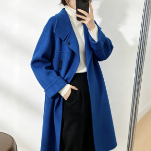 秋冬高级感蓝色双面羊毛大衣女立领女式中长款大口袋宽松毛呢外套