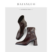 秋冬新款 跟高6cm 高跟短靴女粗跟方头瘦瘦靴弹力靴显瘦靴裸靴