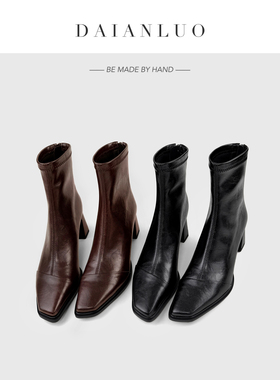 【跟高6cm】复古真皮瘦瘦靴方头显瘦秋冬新款高跟短靴粗跟弹力靴