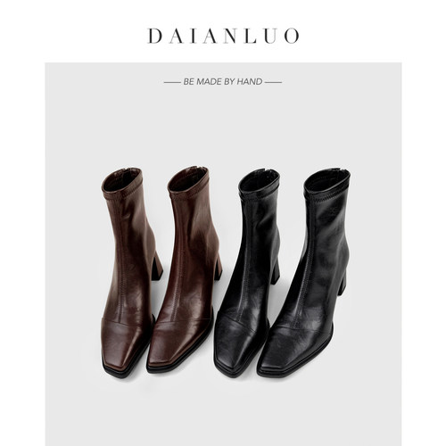 【跟高6cm】复古真皮瘦瘦靴方头显瘦秋冬新款高跟短靴粗跟弹力靴