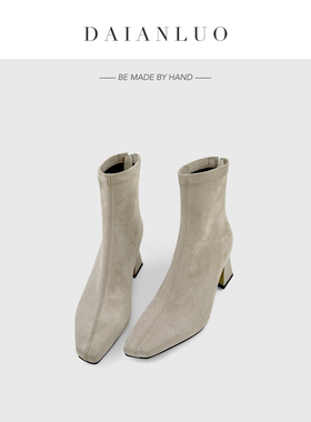 【跟高6cm】秋冬新百搭瘦瘦靴方头高跟短靴女粗跟弹力靴显瘦袜靴