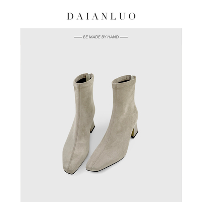 【跟高6cm】秋冬新百搭瘦瘦靴方头高跟短靴女粗跟弹力靴显瘦袜靴