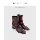 秋冬新款 跟高6cm 真皮高跟短靴女瘦瘦靴弹力靴女粗跟方头显瘦