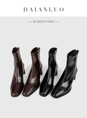 【跟高6cm】秋季新高跟短靴女瘦瘦靴弹力靴女粗跟方头裸靴显瘦靴