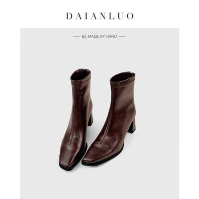 【跟高6cm】复古真皮瘦瘦靴方头显瘦秋冬新款高跟短靴粗跟弹力靴