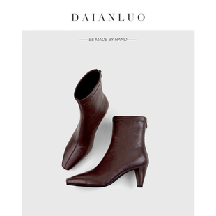 【跟高5cm】秋冬新复古真皮瘦瘦靴方头显瘦高跟短靴粗跟弹力靴女