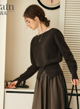 OLrain欧芮儿法式一字领毛衣女秋季2025年开叉下摆收腰套头