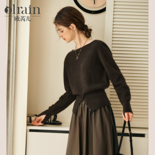 OLrain欧芮儿法式一字领毛衣女秋季2025年开叉下摆收腰套头