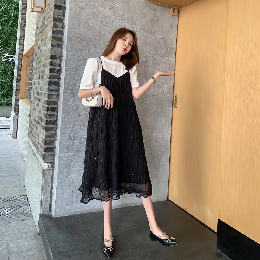 网纱吊带连衣裙女2020夏季新款针织短袖T恤亮片很仙的裙子两件套