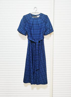 欧美女蓝色千鸟格短袖中长连衣裙