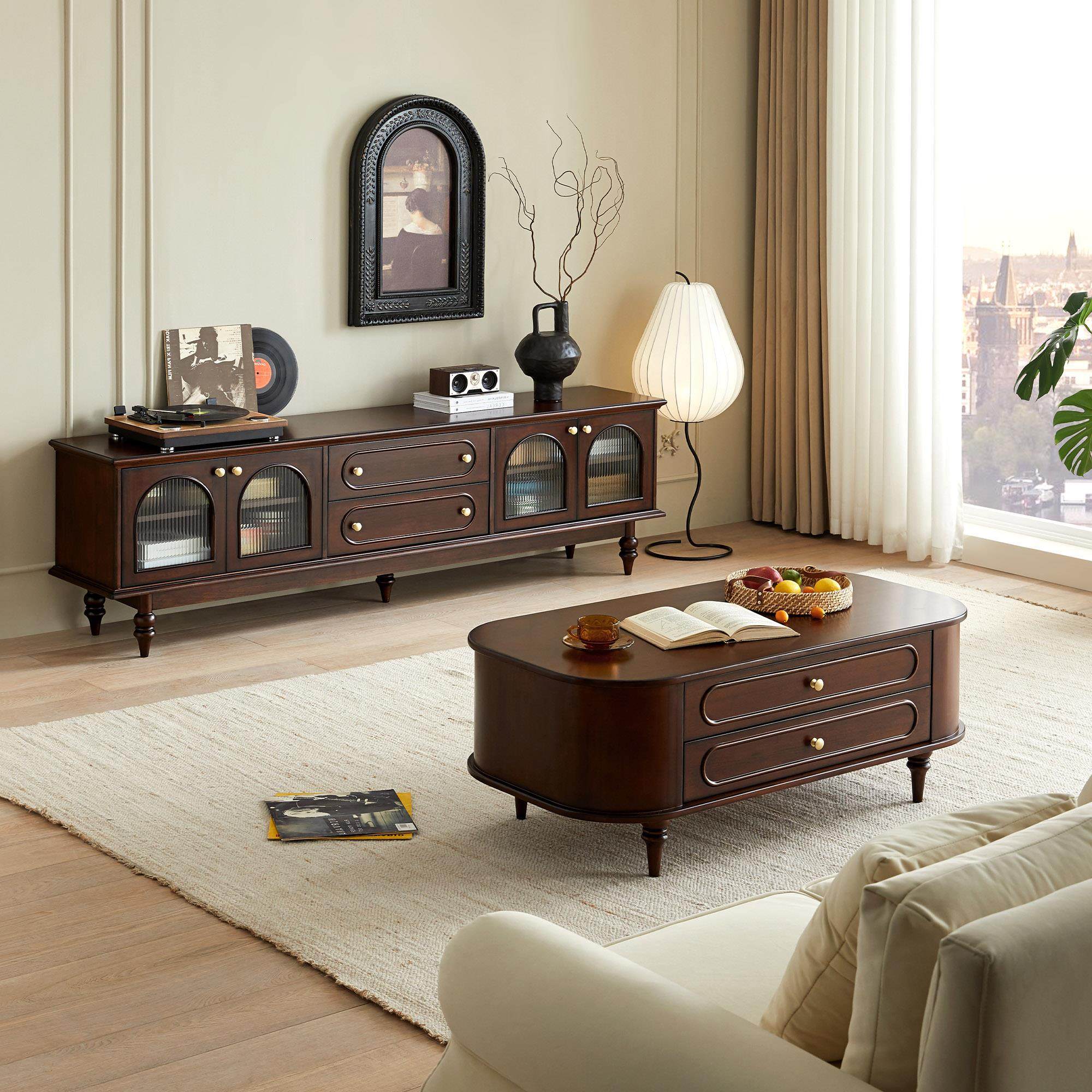 实木电视柜茶几组合美式乡村轻奢复古客厅家用椭圆形茶桌茶台法式