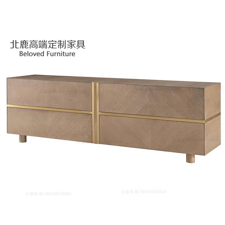 轻奢高端定制客厅电视柜意式简约榉木实木视听柜金属装饰落地柜