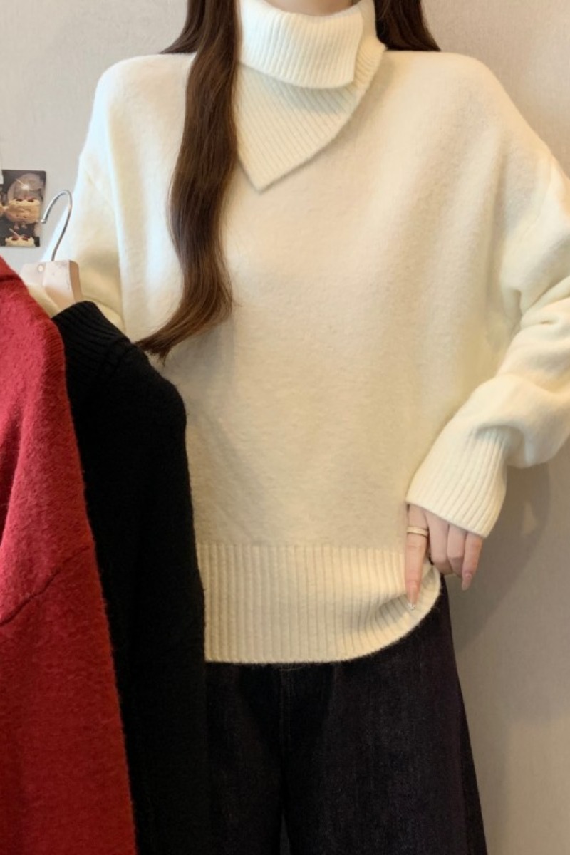 ~大码胖MM秋冬新款法式设计感双领简约长袖套头上衣毛衣，女装大码女装，衣嘉衣服饰