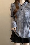 新款韩系简约休闲慵懒风宽松针织衫三扣连帽麻花毛衣，女装大码女装，衣嘉衣服饰