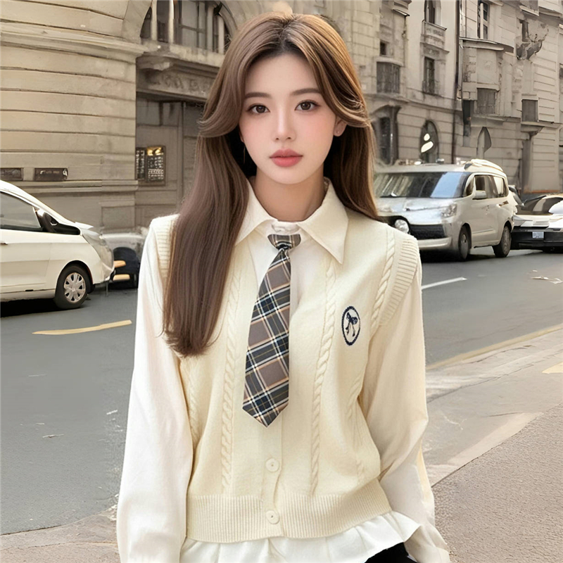 复古学院风时尚叠穿套装女毛衣马甲背心衬衫领带三件套，女装针织衫/毛衣，衣嘉衣服饰