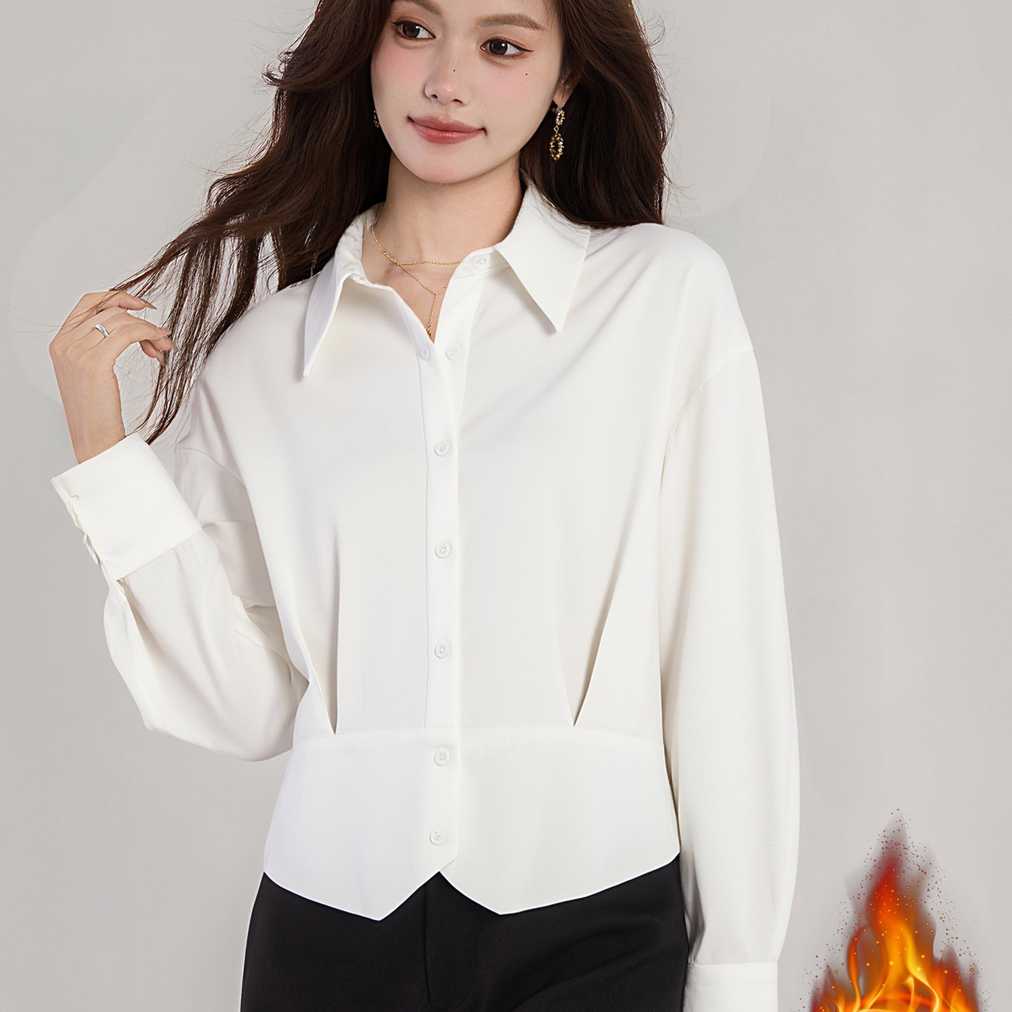 加绒加厚短款收腰长袖衬衫2025秋冬设计感韩系气质通勤衬衣，女装衬衫，衣嘉衣服饰