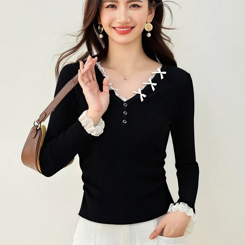 甜美蕾丝拼接蝴蝶结针织衫女2025新款洋气V领显瘦内搭打底衫毛衣，女装针织衫/毛衣，衣嘉衣服饰