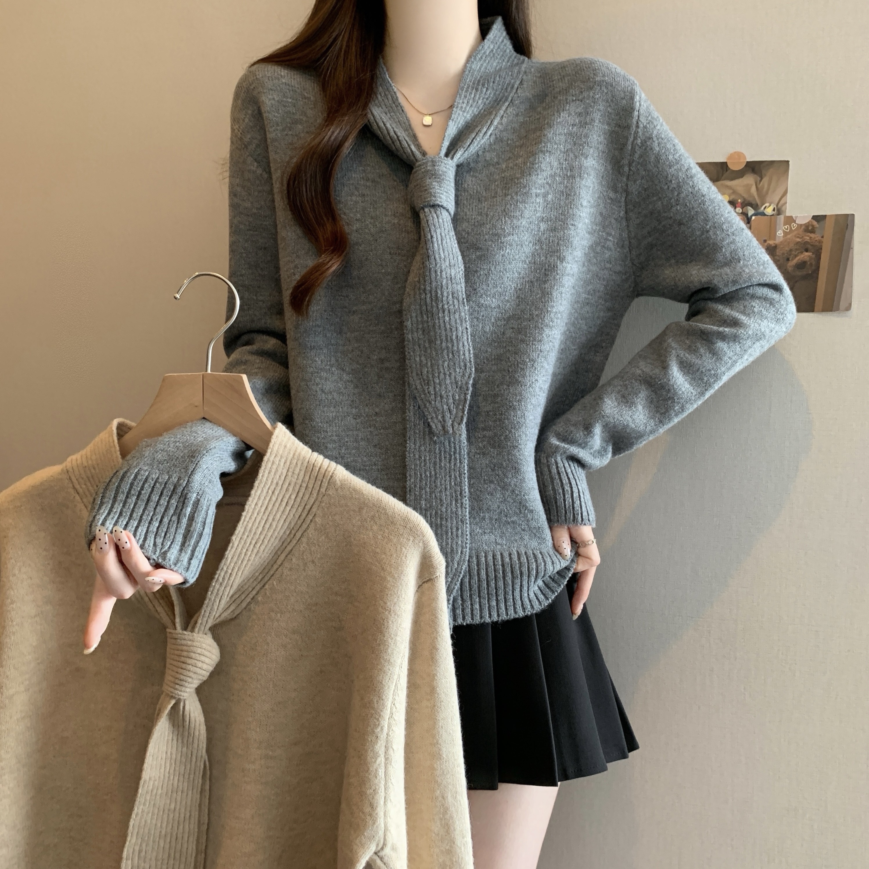 大码秋冬复古领结飘带叠穿毛衣女胖MM显瘦慵懒风打底衫上衣，女装大码女装，衣嘉衣服饰