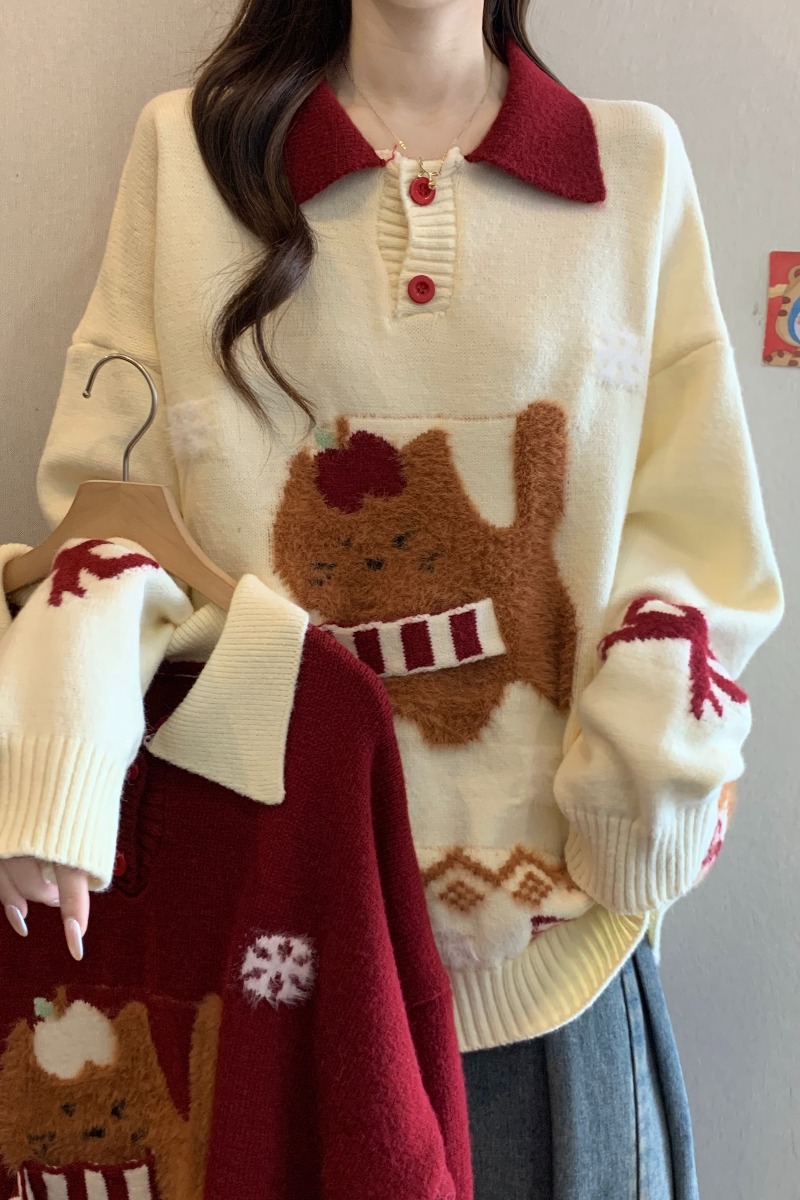 围巾小狗刺绣polo领针织衫女秋冬新款胖MM圣诞氛围感减龄显瘦毛衣，女装大码女装，衣嘉衣服饰
