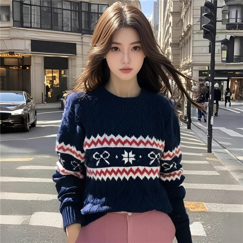 圣诞提花圆领毛衣女宽松保暖内搭打底针织衫慵懒风上衣，女装针织衫/毛衣，衣嘉衣服饰