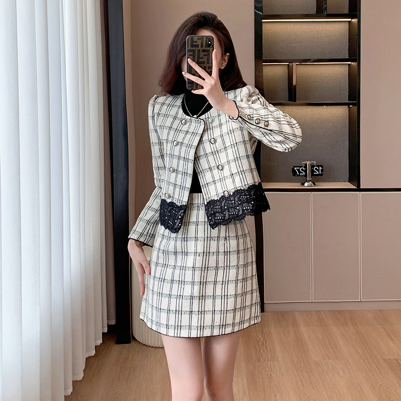 秋冬时尚格子亮丝拼接蕾丝复古气质小香风双排扣两件套，女装套装/套裙，衣嘉衣服饰