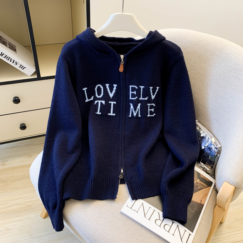 加厚简约拉链提花撞色连帽针织衫外套开衫毛衣女上衣，女装针织衫/毛衣，衣嘉衣服饰