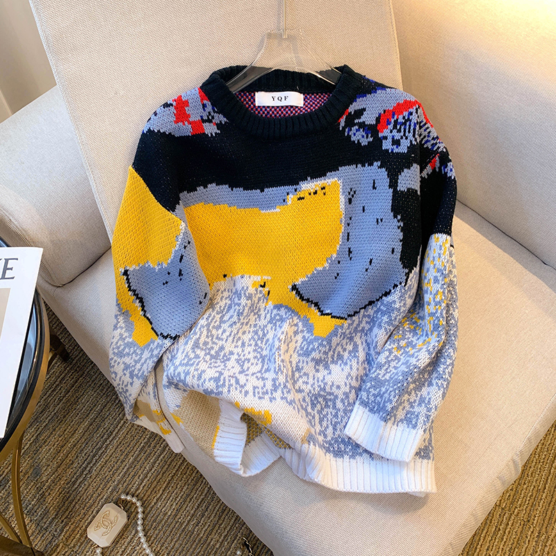 2025秋装新款慵懒风套头拼色长袖针织衫百搭外穿毛衣女，女装针织衫/毛衣，衣嘉衣服饰