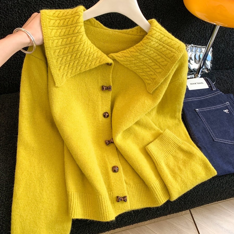 ～韩系娃娃领毛衣外套女2025秋冬新款宽松减龄显瘦针织衫上衣，女装针织衫/毛衣，衣嘉衣服饰