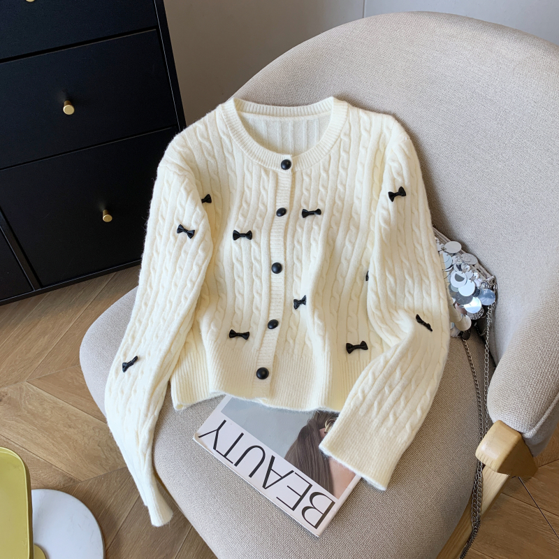 加厚麻花保暖甜美蝴蝶结立体设计慵懒风开衫毛衣女打底衫，女装针织衫/毛衣，衣嘉衣服饰