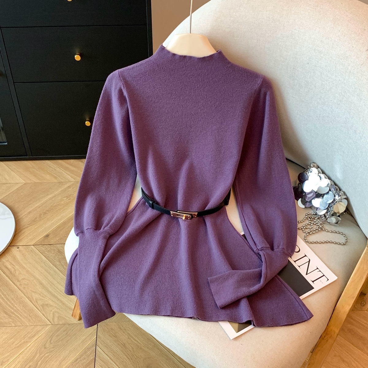 2025冬季纯欲配皮带毛衣女新款半高领灯笼袖针织显瘦收腰上衣，女装针织衫/毛衣，衣嘉衣服饰