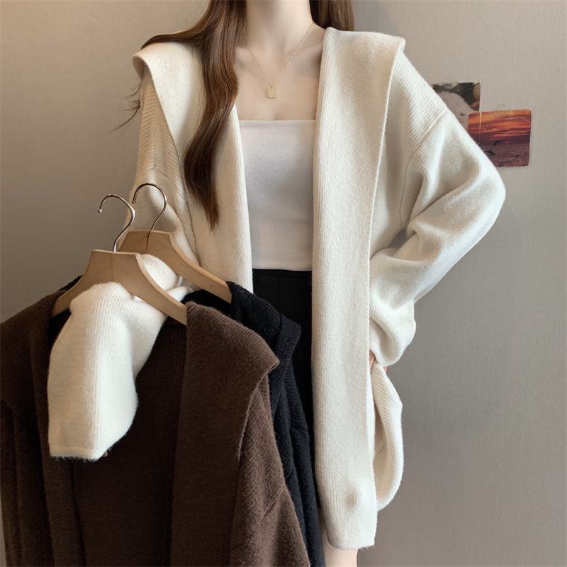 大码慵懒感连帽大开衫中长款针织外穿毛衣外套上衣，女装大码女装，衣嘉衣服饰