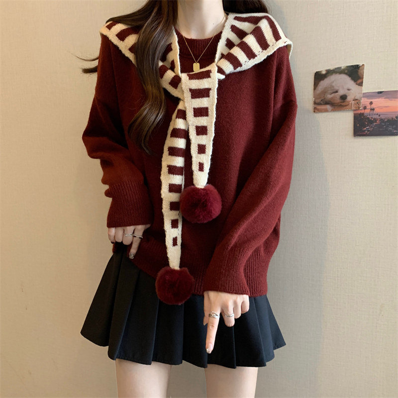 安哥拉红条纹披肩毛衣两件套女秋冬胖MM复古减龄宽松显瘦洋气上衣，女装大码女装，衣嘉衣服饰