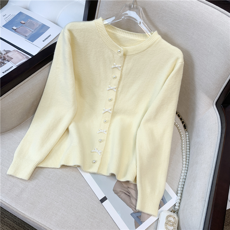 甜美少女韩系马卡龙特色珍珠蝴蝶结扣毛衣针织开衫女，女装针织衫/毛衣，衣嘉衣服饰