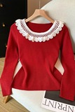 2025秋冬新款打底圆领撞色针织衫钉珠花边内搭毛衣洋气上衣女，女装针织衫/毛衣，衣嘉衣服饰