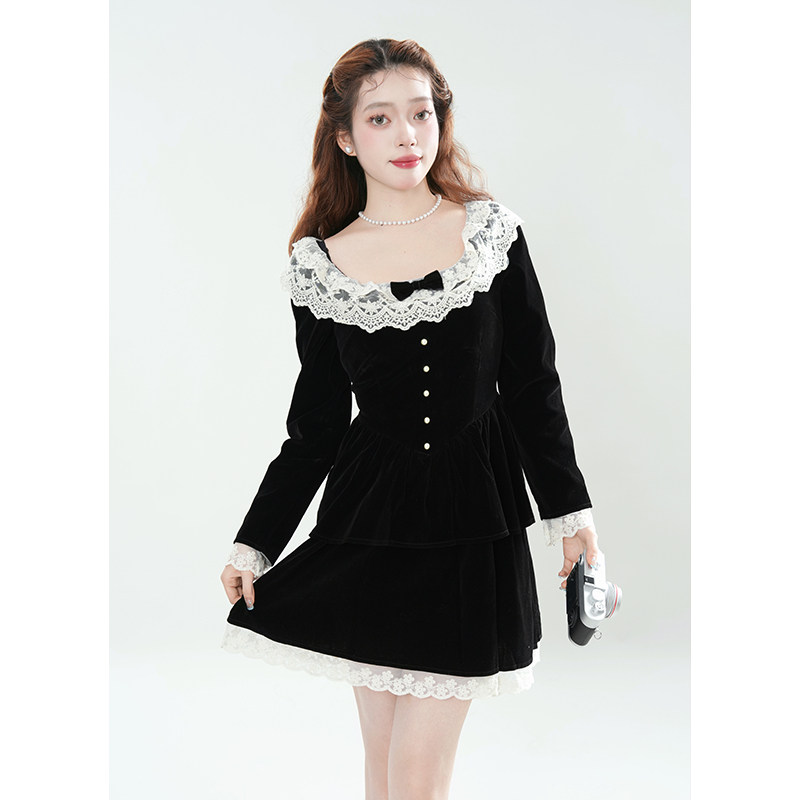 “缪斯公主”秋冬小众收腰设计感蕾丝花边丝绒连衣裙2023秋冬新款,女装/女士精品,连衣裙,淘宝优惠券,粉丝福利购,淘宝优惠卷