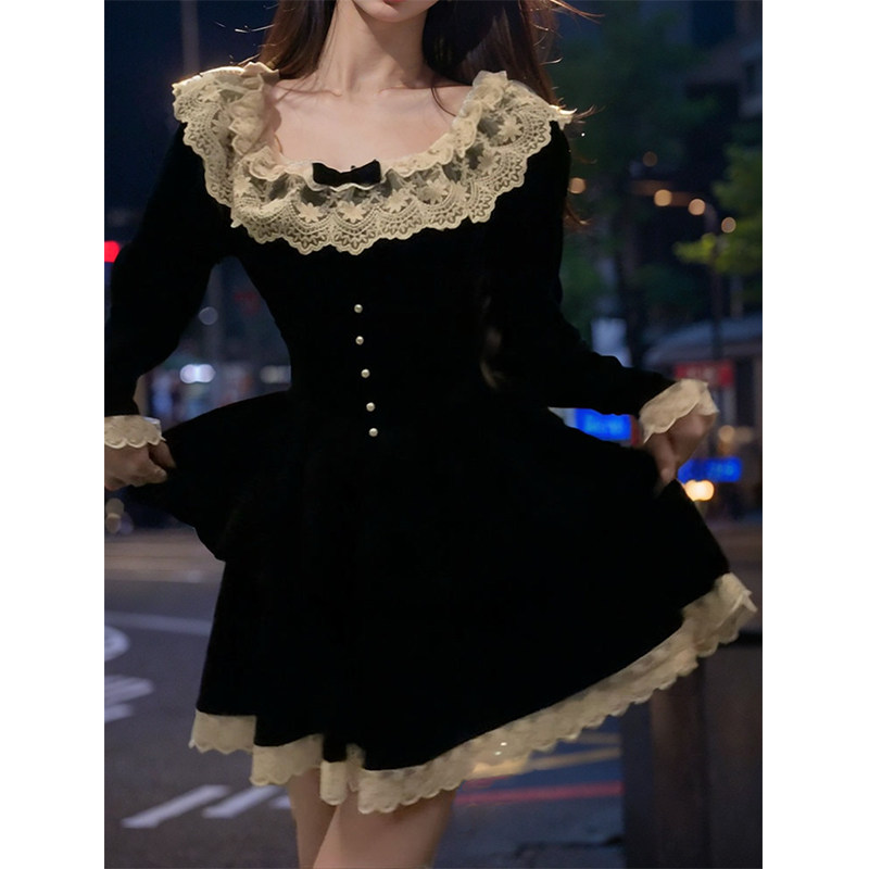 “缪斯公主”秋冬小众收腰设计感蕾丝花边丝绒连衣裙2025秋冬新款,女装/女士精品,连衣裙,淘宝优惠券,粉丝福利购,淘宝优惠卷