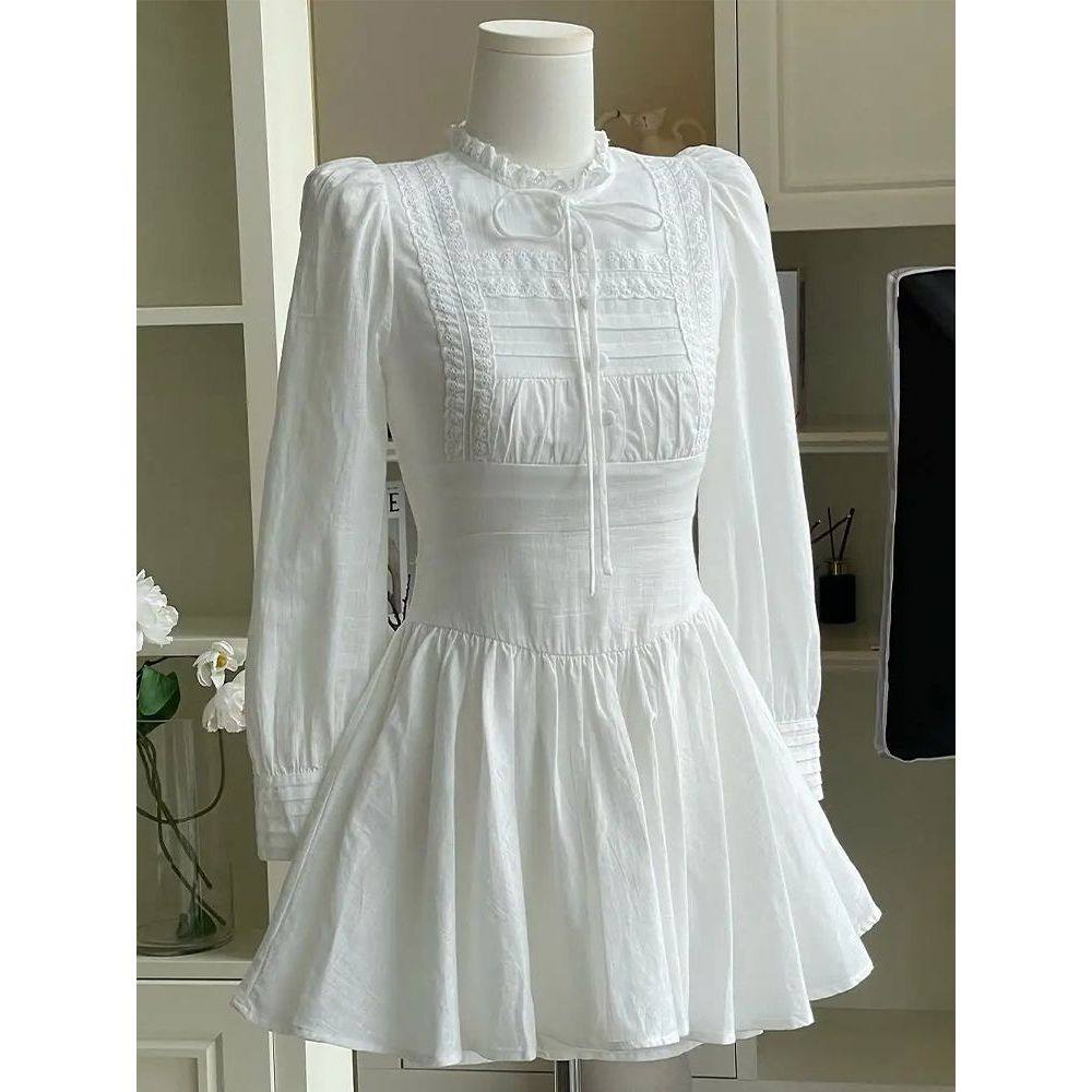 【白月光影】小个子2025夏季新款简约气质收腰显瘦花边长袖连衣裙,女装/女士精品,连衣裙,淘宝优惠券,粉丝福利购,淘宝优惠卷