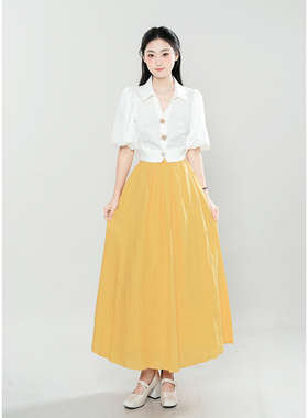 【黄玫瑰】度假泡泡袖宫廷风上衣+黄色半裙新款套装女夏裙子女