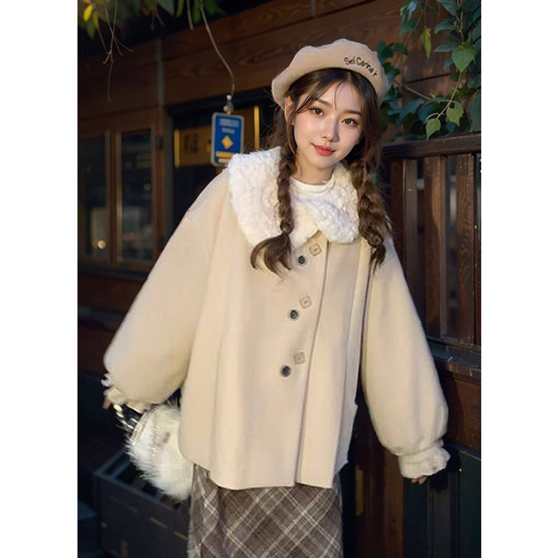 卡布奇诺 卡其色毛呢套装女小个子毛领加厚外套+格纹半裙两件套,女装/女士精品,时尚套装,淘宝优惠券,粉丝福利购,淘宝优惠卷