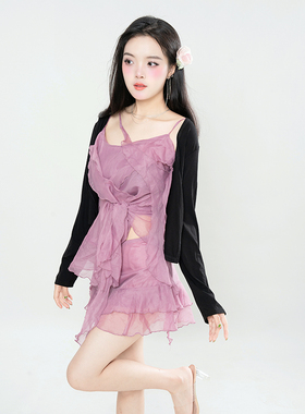 黑色开衫紫色吊带连衣裙两件套夏装辣妹气质名媛chic甜辣裙套装女