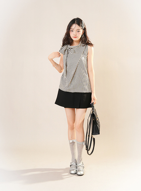 Bw影序 蝴蝶结挂脖无袖上衣女+黑色a字显瘦包臀半裙套装两件夏季