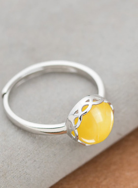 花边纯银琥珀蜜蜡镶嵌活口戒指托